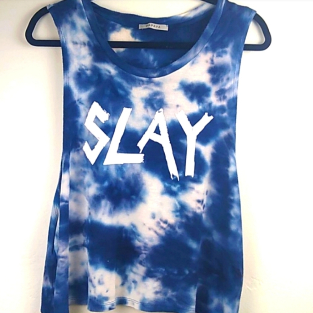 Papaya "SLAY" Blue & White Tie Dye Loose Fit Tank